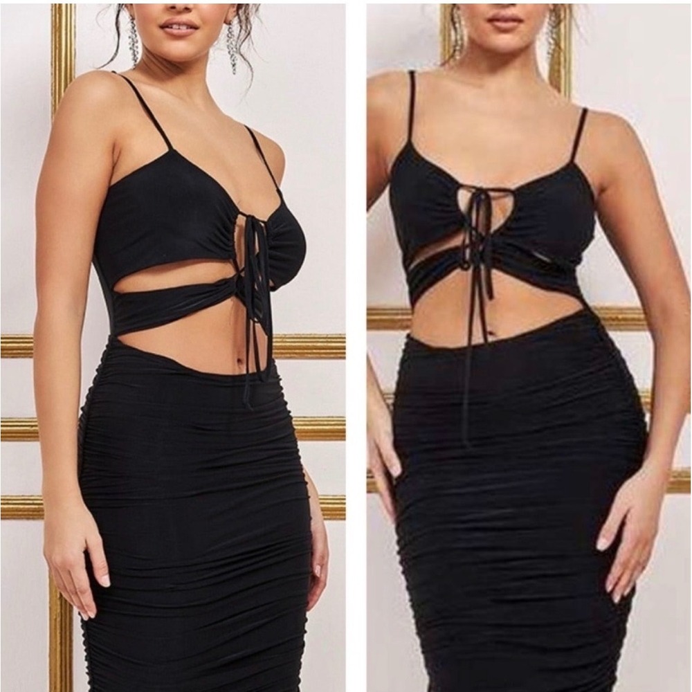 Anthropologie Black Cutout Ruched Mini Dress Size Small LBD Sexy Going Out Beach